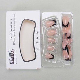 24Pcs Rhinestones French Tip Press on Nails Short Square Fake Nails Black Nails Tip Design Glossy Glue on Nails Nude Full Cover False Nails Coffin Acrylic Nails Reusable Artificial Nails for Women