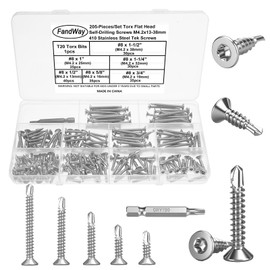 FandWay Pack of 205 Torx Drilling Screws, Countersunk Head Self-Drilling Screws, M4.2 x 13 ~ 38 mm Flat Head Self-Drilling Screws, Stainless Steel 410 Tapping Screws Metal Roofing Screws Assortment
