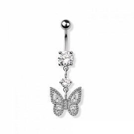 Pierced Owl 14GA 316L Stainless Steel CZ Crystal Butterfly Dangling Belly Button Ring (Silver Tone)