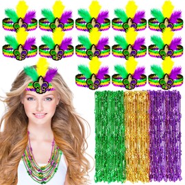 Zeyune 96 Pcs Mardi Gras Feather Headbands with Beads Necklaces for 1920s Headpiece Women Men Masquerade Costume Fascinator Tea Party Cocktail Favor Carnival Sequins Accessories