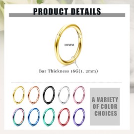 Chriscoco 10 Pieces 16/18G 316L Stainless Steel Nose Piercing Ring Nose Ring Septum Clicker Ring Septum Tragus Helix Daith Sleeper Conch Cartilage Piercing Earring Set for Men and Women, Stainless