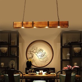 Cbhfmljd Farmhouse Chandeliers Pendant Lamp, Retro Hanging Lamp 4-Light Rustic Wood Beam Linear Hanging Light Vintage Ceiling Light Fixture for Kitchen Island, Restaurants, Cafes, Bars