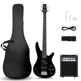Ktaxon Ktaxon Electric Bass Guitar 4 String Bass Guitar with 20 Watt Amplifier, PJ Type Pickup, Naturally air-dried Maple Neck, Rosewood Fretboard, Basswood Body(Black)