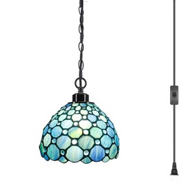 ZJART Small Tiffany Style Plug In Pendant Light Mini Sea Blue Stained Glass Chandelier with 16.4 Ft Hanging Cord in Line On/Off Push Switch Vintage Swag for Dining Room, Bedroom or Porch - 8 Inch Wide