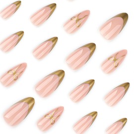 Gold French Tip Press on Nails Almond Medium Fake Nails Bow Glue on Nails Reusable Full Cover Gold Nail Tips Stick on Nails Glossy Nude Pink Acrylic Nails Press ons False Nail for Women Manicure 24Pcs
