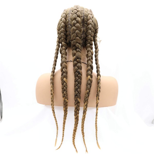 Xiweiya Mixed Blonde Brown 5 Braids Lace Front Wig Long Box Braids Hairstyles Cornrow Braided Wig with Baby Hair Afro Braids Crochet Braids Xpression Braiding Hair for Women 30 Inches