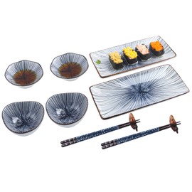 Artcome 10 Pcs Japanese Style Ceramic Sushi Plate Dinnerware Set for Wedding Housewarming - 2 Sushi Plates, 2 Sauce Dishes, 2 Snack Bowl, 2 Pairs of Chopsticks, 2 Chopsticks Holders, Blue