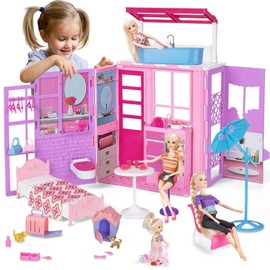 Doll House for 11.5-inch Dolls, 2-Story Foldable Dollhouse with 37 pcs Furnitures & Accessories, Playhouse with Pet House, Gifts for Girls Kids Toddlers