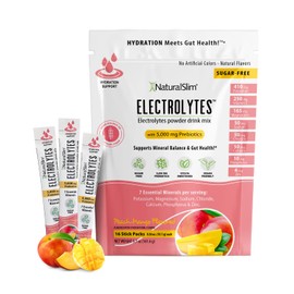 NaturalSlim Hydration & Energy Drink Mix with Prebiotics, Gut Health Support, Electrolytes Powder Packets, Sugar-Free Electrolytes, 16 Stick Packs, Peach Mango Flavored