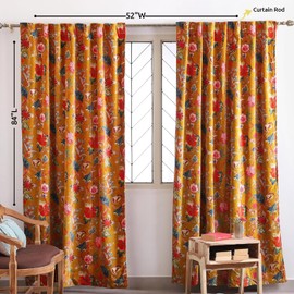 Madhu International Luxury Velvet Curtains – 52"x72" Window Panel, Flower Print, Bohemian Style, Living Room & Bedroom Drapes, Plush Soft Fabric, Rod Pocket for Easy Hanging, Home Décor - Yellow