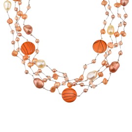 Vibrant Cultured Freshwater Orange Pearl and Zebra Pattern Mother of Pearl Sterling Silver on Silk Thread Statement Necklace