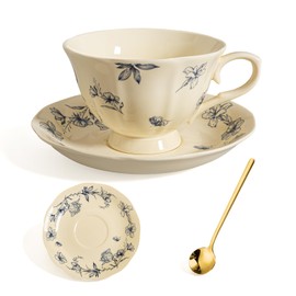 BOGZH Vintage Fancy Porcelain Tea Cup and Saucer Set for 1, 8 oz China Ceramic Coffee & Cappuccino Cup with Gold Spoon, Cream Blue Floral Design, Tea Party Gifts for Women