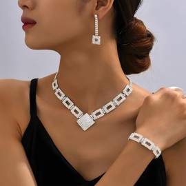 MOTIBACK Rhinestones Bridal Wedding Jewelry Set Necklace, Earrings and Bracelet Prom Jewellery Sets for Women and Brides