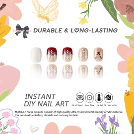 Christmas Press on Nails Extra Short Square MABKJLF Winter Fake Nails False Nails with Designs Reindeer Snowflake Glitter Glossy Glue on Nails Xmas Acrylic Nails for Women Girls 24 Pcs