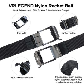 VRLEGEND Belts for Men Ratchet Tactical Nylon Belt Big and Tall Utility Jeans Mens Webbing Belt Adjustable Auto Slide Buckle (Fit for 44"-47" Waist, Black)