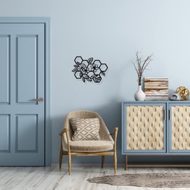 NBEADS Honeycomb Flowers Metal Wall Decoration, Black Wall Hanging, Modern Wall Decoration, Silhouette Wall Art, Metal Pictures for Home, Bedroom, Hallway, Living Room, Bathroom, Office, Hotel, 21.5 x