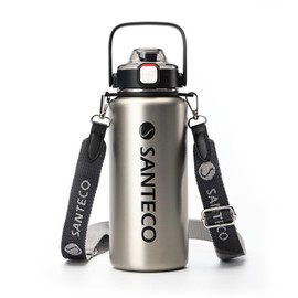 SANTECO Vacuum Insulated Sports Bottle, 3.2 gal (1.2 L), Removable Shoulder, Cold Retention, Thermos Flask, Straw Included, Direct Drinking, Sports Drink, Stylish, Wide Mouth, Silver