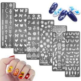 MWOOT 6Pcs Nail Art Stamping Plates Set,Flower Leaf Butterflies Feathers Nail Stencils Plates Manicure Print Tool,Nail Plates Image Stamp Templates for Women Nail Art Decoration