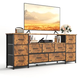 63 Inch Dresser for Bedroom, Dresser for Closet with 11 Drawers & Power Outlets, Large TV Stand for 55, 65, 70 Inch TV, Entertainment Center with Storage, Wide Long Chest of Drawers, Rustic Brown