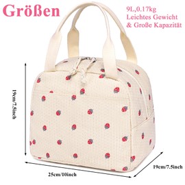 LEDAOU Insulated Lunch Box Women Reusable Lunch Bag Cord Lunch Tote Handbags Leakproof Thermal Cooler Lunch Case Large Capacity Lunch Box (Corduroy Strawberry Beige)