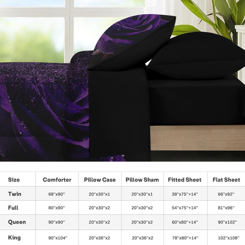 Nesker Comforter Set King Size, Purple Rose 7 Pcs Bedding