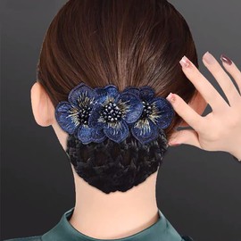 4 Pack Women Hair Bun Cover Net Snood, Flower Hair Barrette Hair Clips, Thick Thin Hairnet Hair Accessories for Lady Women Nurse Stewardess with Work Clothes(Navy Blue+Pink+Sky Blue+Purple)