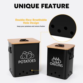 Candco Potato and Onion Storage Bin, Set of 2 Vegetable Storage Tins with Wooden Lids & Side Handles, Dual-row Ventilation Holes, Farmhouse Metal Kitchen Canisters Sets, Black