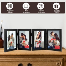 4x6 Photo Frame Hinged Folding Wood Picture Frame with Glass Front Multiple Pictures Photo Frame for Desktop Stand Vertical on Desktop Birthday Gifts for Family Friends Lovers(4 fold)