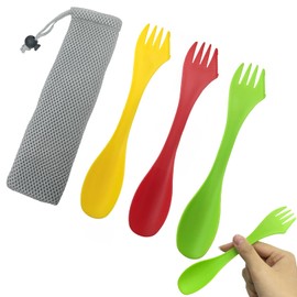 3 Pcs Plastic Spork 3 in 1 Spork Camping Cutlery Plastic Cutlery Set Portable Sporks Camping Cutlery Spoon Fork with Portable Pouch for Outdoors, Camping, Hiking Travel (Multiple Colour)