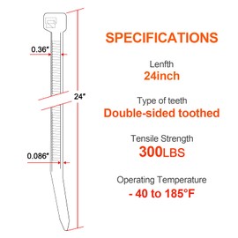 Long Zip Ties Heavy Duty 24 inch，300 LBS Tensile Strength With Double Sided Toothed Super Durable Cable Ties ，Extra Large Wire Ties Adjustable Nylon Tie Wraps for Indoor Outdoor （100Pack Black）