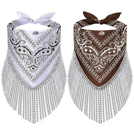 KABAKE 2 Pcs Cowgirl Fringed Bandana Rhinestone Fringe Paisley Scarf Wedding Bride Accessories for Disco Bachelorette Party, White and Brown