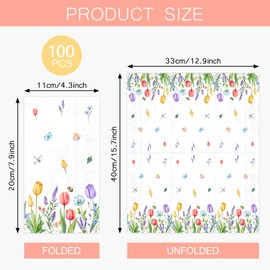 100Pcs Tulip Lavender Guest Napkins Spring Summer Blooming Floral Disposable Hand Towels for Bathroom Guest Towels Paper Napkins Decorative Dinner Napkins for Easter Mother's Day Birthday Party