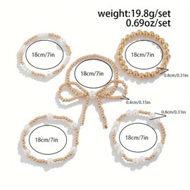 Yamobi Women's Golden Bracelet, Pearl Bracelet with Bow Design, Stretch Bracelets with Golden Beads and Pearl Balls, Adjustable Elegant Pearl Jewellery, L