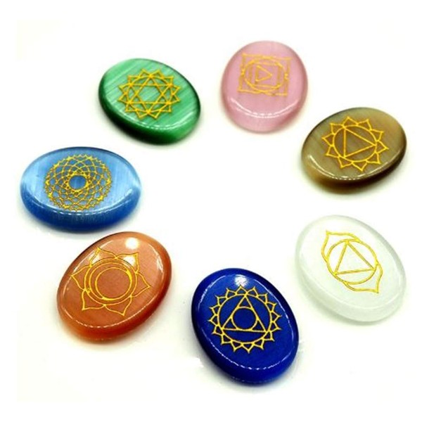 Spiritual Power Stone, Divination Healing Stone, Crystal, Set of 7, 0.9 x 1.1 inches (22 x 28 mm), Natural Stone, Beads, Healing Purification, Powerstone, Chakra Stone, Cat Eye, Rune Divination Mark, Velour Drawstring Included