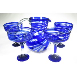 Eye4Art Mexican Margarita Glasses Blue Swirl, Pitcher set, Hand Blown, set of 4 with pitcher