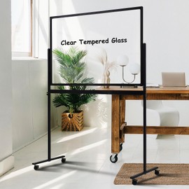 Mobile Clear Glass Whiteboard on Wheels - TANKEE 48" x 32" Dry Erase Board with Stand, Large Rolling White Board with 25 Sheets Paper Pad, Transparent Tempered Glass Board for Office Home School