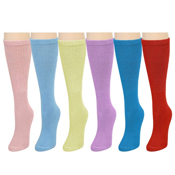 Falari Women Diabetic Socks Diabetes Edema and Circulatory Loose Fitting Cotton Crew Socks - 6 Pairs (Crew Height - Assorted, 9-11)
