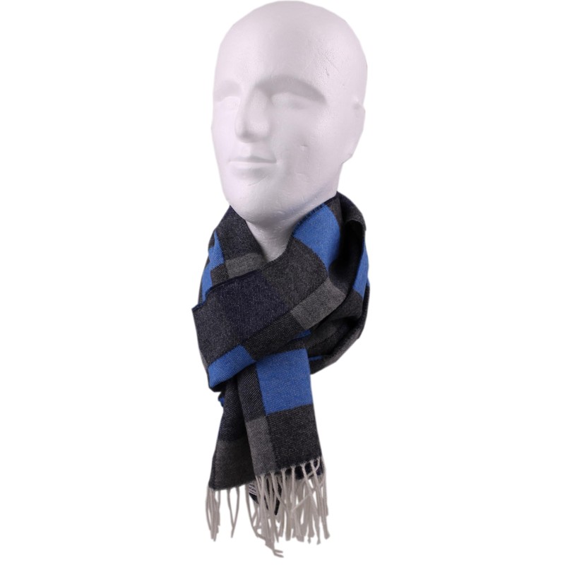 Wool Scarf Men's Winter Scarf Checked in Anthracite Blue Grey