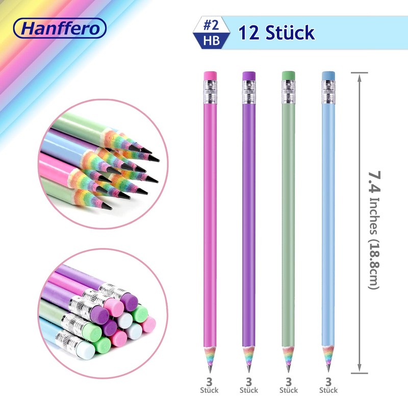Hanffero Rainbow Pencils, Drawing Writing Pencil with Rubber, Recyclable Paper