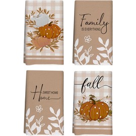 Fhasmy Orange Buffalo Plaid Polka Dot Pumpkin Fall Kitchen Towels Dish Towels, 18x26 Inch Farmhouse Eucalyptus Leaves Thanksgiving Day Decoration Home Kitchen Decor Hand Towels Set of 4