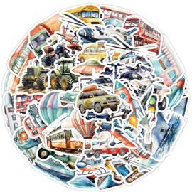 50PCS Watercolor Retro Transport Sticker Packs, Cute Hand-Painted Transport Car, Train, Airplane Stickers, for Bicycles, Laptops, Luggage Carriers, Vinyl Waterproof Stickers