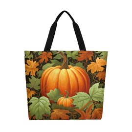 Muishi Pumpkins Fall Leaves Canvas Tote Bag Large Women Casual Shoulder Bag Handbag Reusable Beach Shopping Grocery Bag For Outdoors
