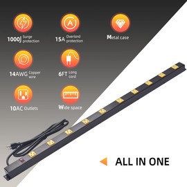 10-Outlet Heavy Duty Power Strip Surge Protector Metal Long Extension Cord 6-Foot, SGS Certified,Black(1000J)…
