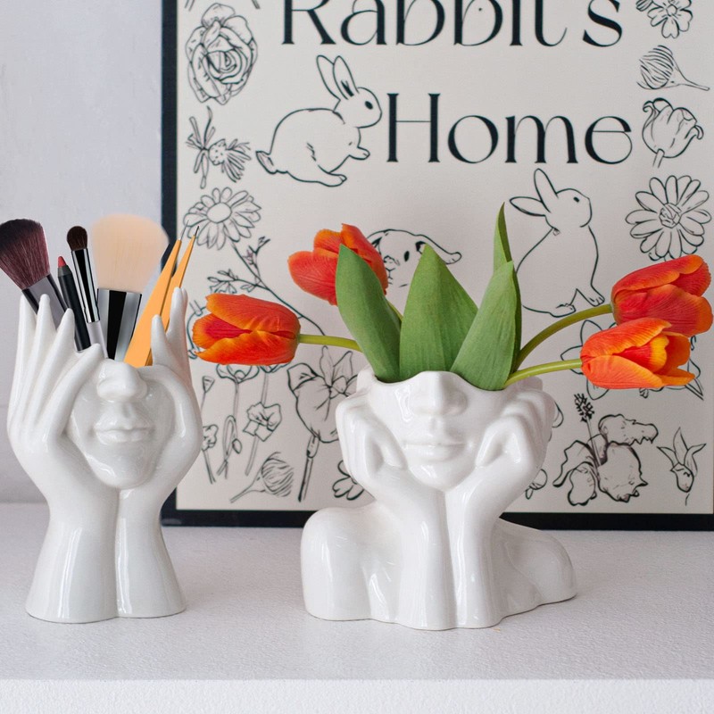 Joynisy White Ceramic Face Vase Set of 2, Female Form