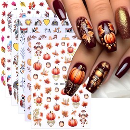 6 Sheets Fall Nail Art Stickers Autumn Maple Leaf Nail Decals Cute Owl Pumpkin Nails Design Sticker 3D Self-Adhesive Nail Supplies Thanksgiving Manicure Decorations for Women