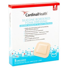 Cardinal Health BFM44RR Silicone Bordered Foam Bandage 4-inch x 4-inch (5), 5 Count