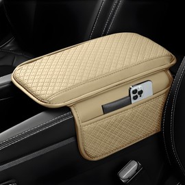 Upgraded Car Armrest Cushion Universal Car Armrest Mats Wear-Resistant Pu Leather Auto Center Console Pad with 2 Side Storage Bags Car Armrest Cover Protection Middle Console Cover (Beige)