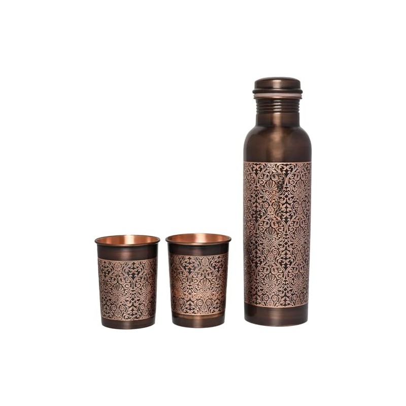 Copper Water Bottle with 2 Tumblers Set, Floral Pattern for