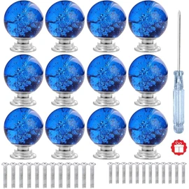 12 Pcs 30mm Round Shape Bubble Crystal Glass Cabinet Knobs with Screws Drawer Knob Pull Handle Used for Kitchen, Dresser, Door, Cupboard (Dark Blue)