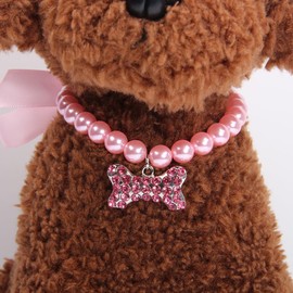 XKSRWE Dog Cat Pearls Necklace Collar with Rhinestone Bone Charm Pet Puppy Jewelry (Pink, Small)